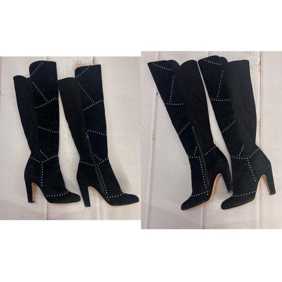 VINCE CAMUTO Carlene Black Embellished Leather Suede Over The Knee Boots 6 1/2M - Picture 13 of 17